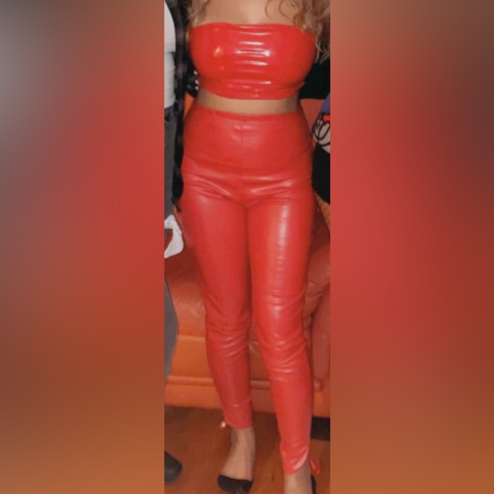 Pretty little thing red leather pants with a slit